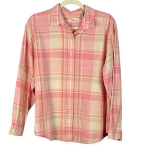 Talbots Cotton Linen Blend Pink Cream Plaid Button Down Long Sleeve Large Blouse